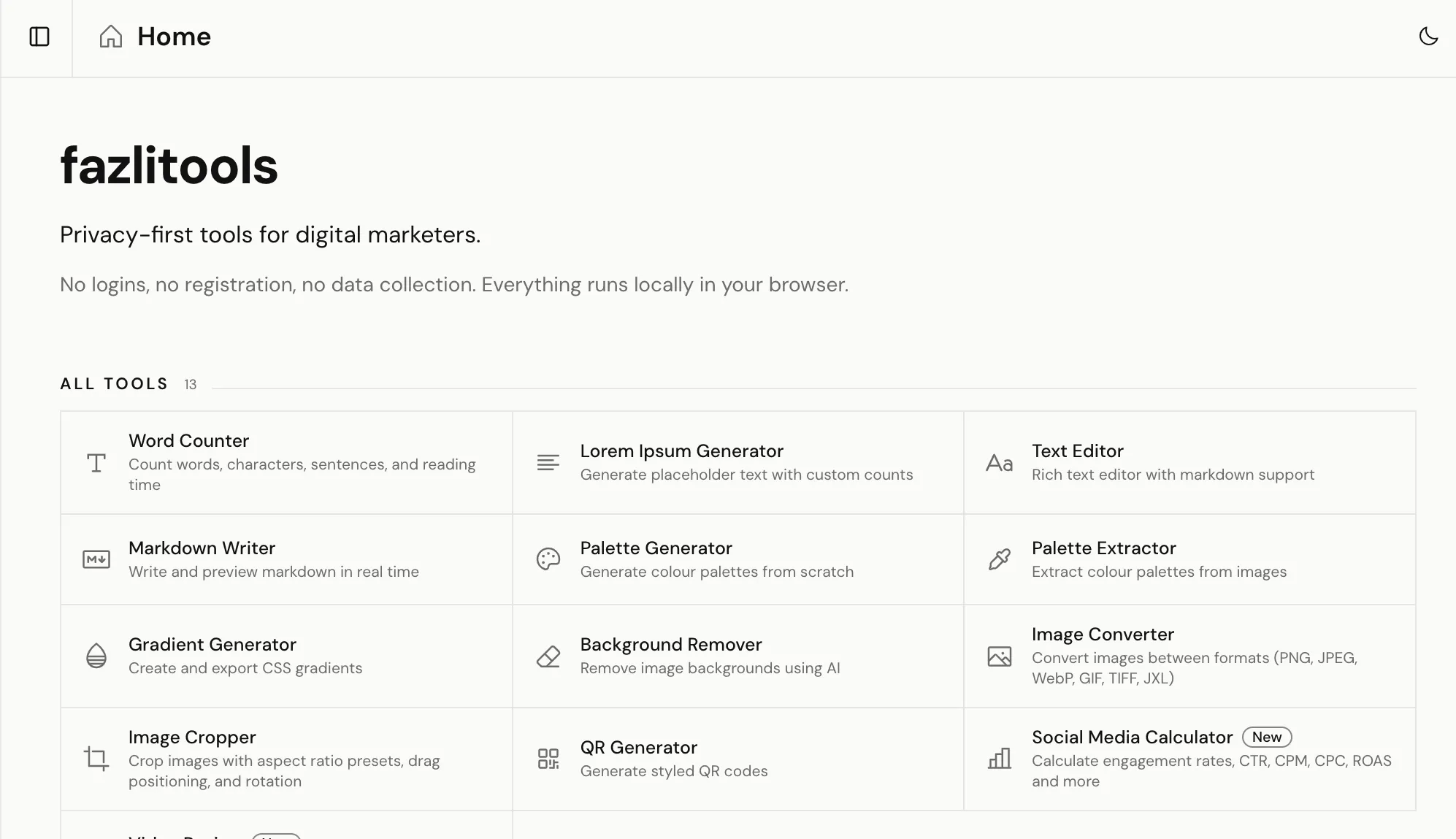 Screenshot of fazlitools — a collection of everyday web tools, no logins, no ads